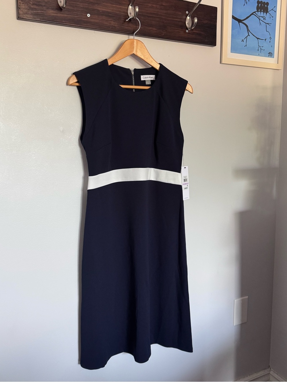 Calvin Klein Navy Sleeveless Sheath Dress with White Waistband